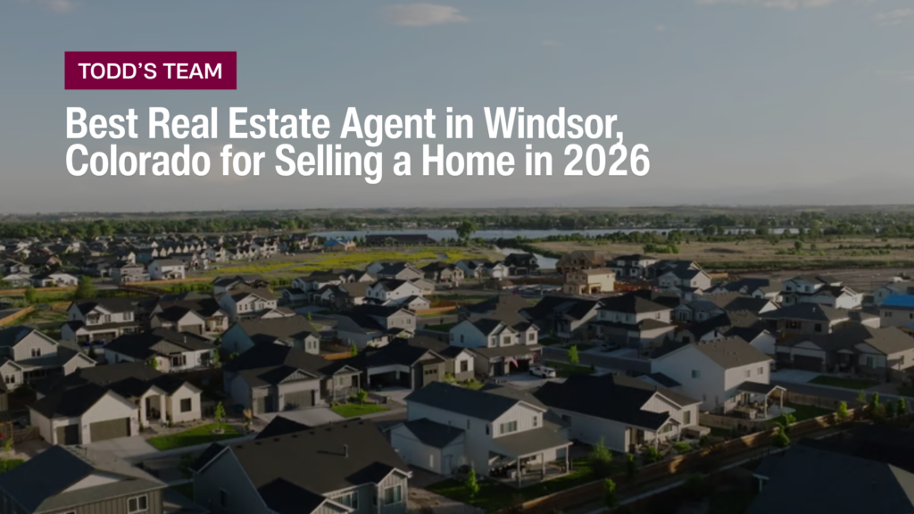 Aerial view of Windsor homes with text promoting the best real estate agent in Windsor, Colorado for selling in 2026
