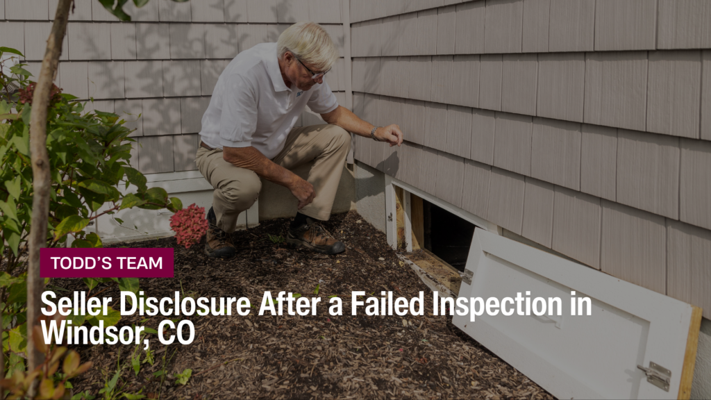 Real estate agent checking an open crawl space vent, a common seller disclosure after a failed inspection Windsor CO issue