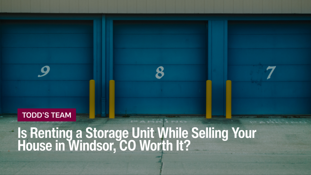 Numbered blue self-storage doors behind yellow bollards, the kind of unit rented while selling a house in Windsor, CO